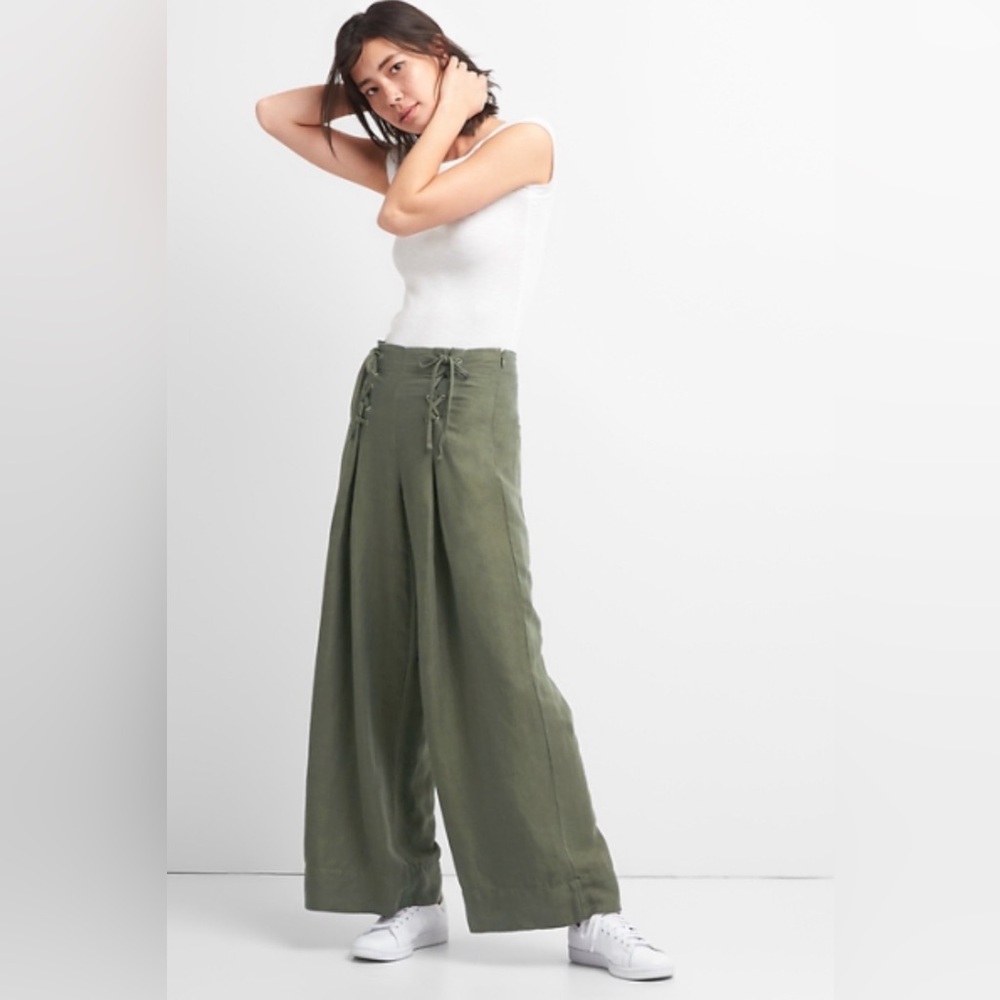 GAP Linen Blend Green High Rise Wide Leg Tie Front Utility Pants Size‎ 0